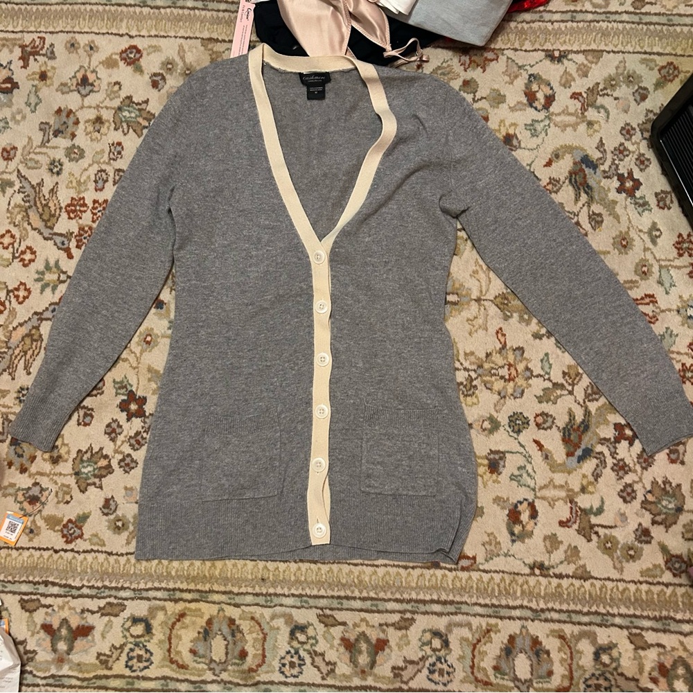 100% Cashmere Cardigan Sweater with Cream Trim